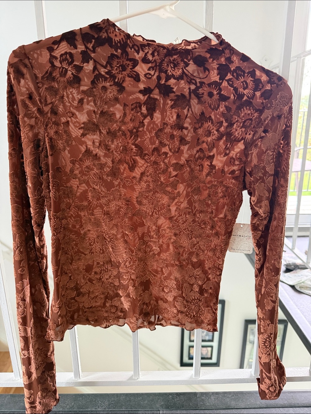 Free People Floral Burnout Long Sleeve Top in Rust Brown